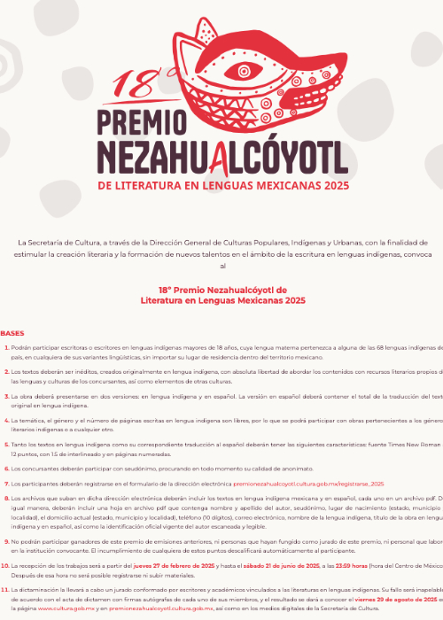 Imagen de 18 Premio Nezahualcóyotl de Literatura en Lenguas Mexicanas