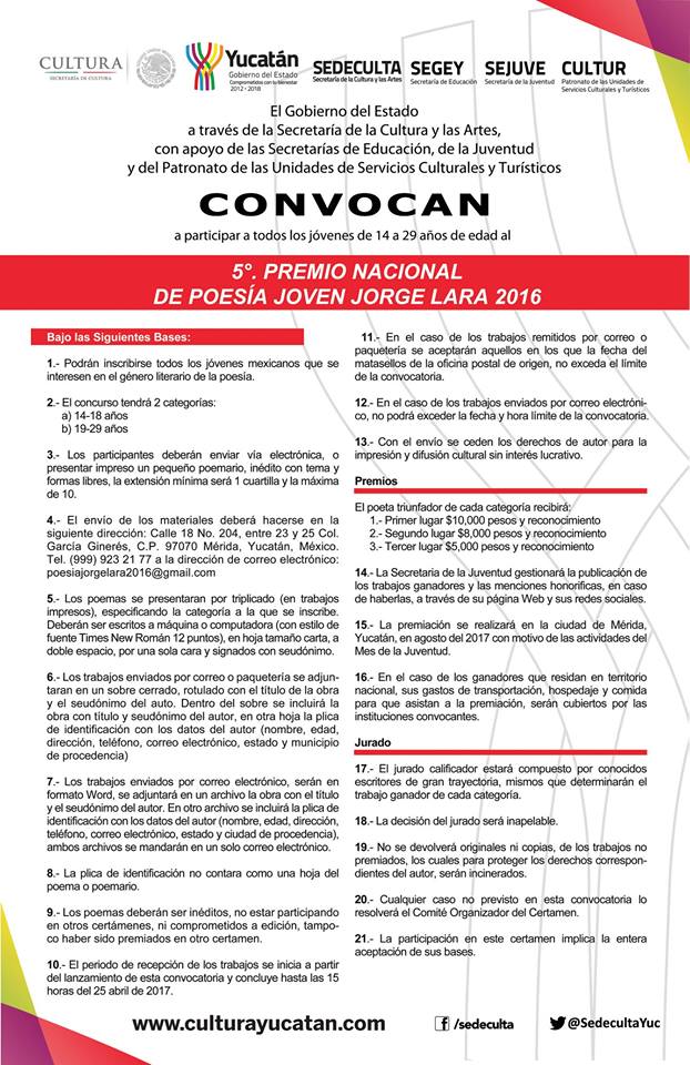 Imagen de 5° Premio Nacional de Poesía Joven Jorge Lara 2016