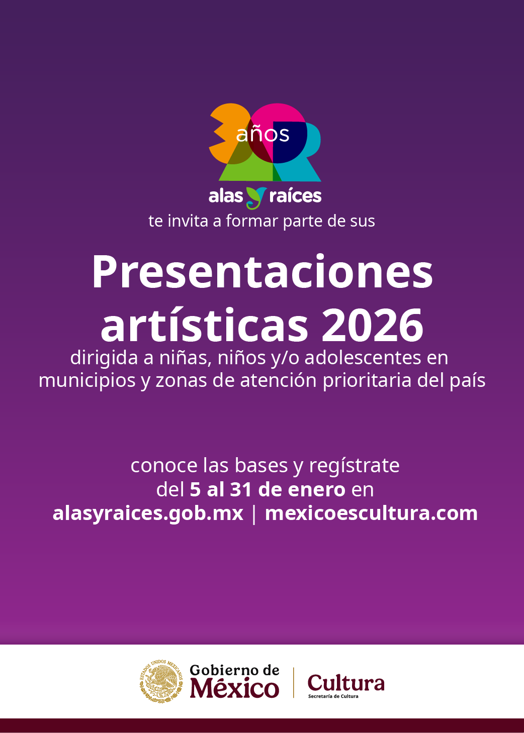 Presentaciones artísticas Alas y Raíces 2026 dirigida a niñas, niños y/o adolescentes en municipios y zonas de atención prioritaria del país